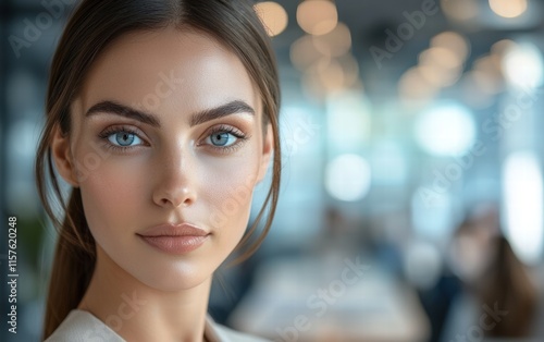 Wallpaper Mural A close-up portrait of a confident business lady with sleek hair and subtle makeup, with a blurred modern conference room in the background Torontodigital.ca