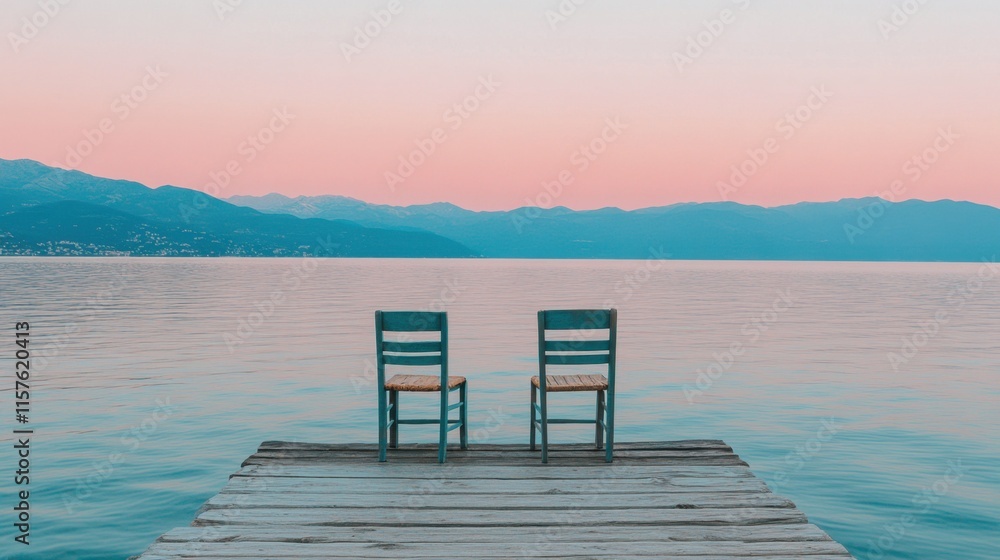 Tranquil Lake Scene with Two Chairs on a Wooden Dock at Sunset Tranquil Lake Scene with Two Chairs on a Wooden Dock at Sunset