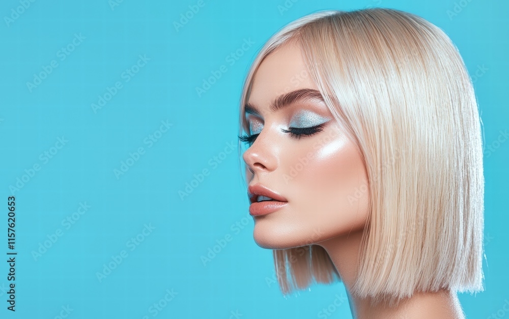 Naklejka premium Blonde woman with sleek straight hair and shimmering silver eyeshadow, on a pastel blue background