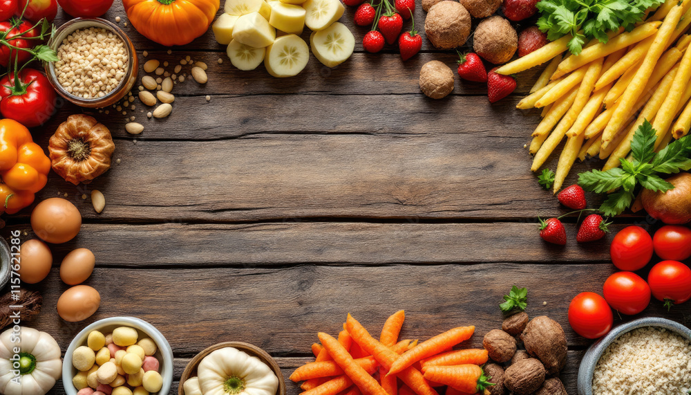 A rustic wooden table displays an array of fresh produce, including tomatoes, potatoes, carrots, nuts, and grains, arranged in a visually appealing manner. A rustic wooden table displays an array of fresh produce, including tomatoes, potatoes, carrots, nuts, and grains, arranged in a visually appealing manner.