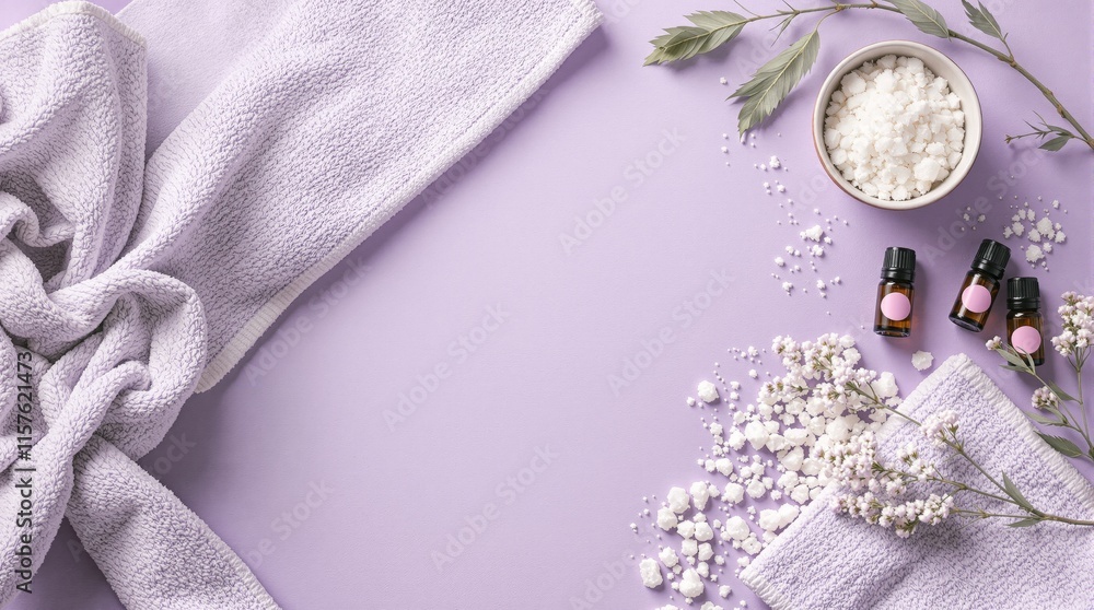 Relaxing Spa Essentials on a Purple Background Relaxing Spa Essentials on a Purple Background