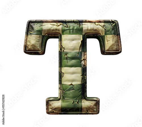 English Alphabet T made of green and white coloured with golden shade squares on white background High quality image