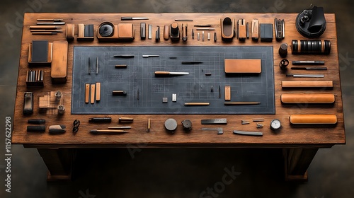 Organized Leather Craftsmans Tools Arranged On Wooden Table photo