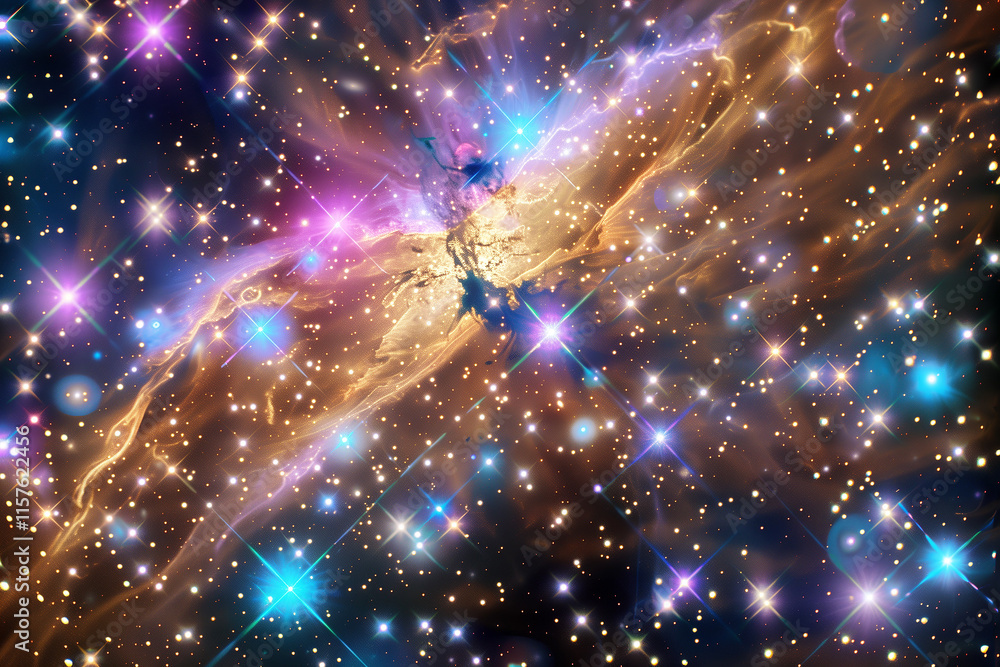 Fototapeta premium Golden nebula with star clusters