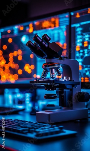 Microscope on desk with computer screens showing data.