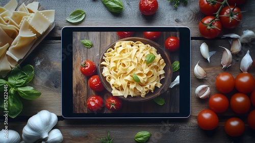 Overhead shot of a tablet displaying a delicious pasta dish, surrounded by fresh ingredients like tomatoes, garlic, basil, and pasta sheets on a rustic wooden table. photo