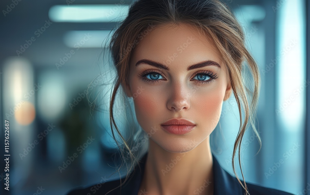 A professional portrait of a businesswoman with sharp features, wearing a tailored blazer, set against a softly blurred office background with clean lines A professional portrait of a businesswoman with sharp features, wearing a tailored blazer, set against a softly blurred office background with clean lines
