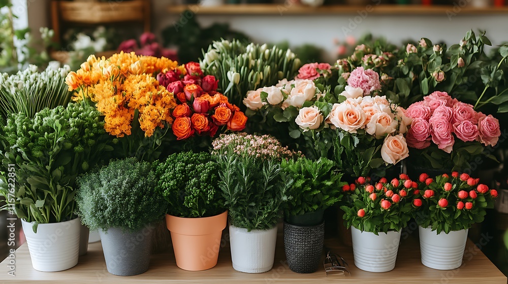 Assorted Flowers Arranged In Pots On A Table