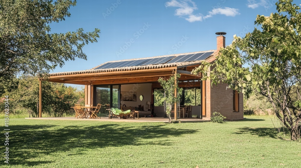 A sustainable home features solar panels and large windows, blending harmoniously with the lush green landscape and providing a bright, inviting space for relaxation A sustainable home features solar panels and large windows, blending harmoniously with the lush green landscape and providing a bright, inviting space for relaxation