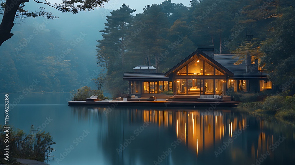 Fototapeta premium Lakeside cabin at dusk, reflecting in calm water, illuminated interior.