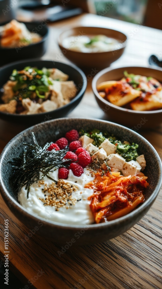 Brightly colored bowls of yogurt, berries, and kimchi sit on a wooden tabletop, creating a warm, inviting atmosphere that promotes sharing and enjoyment Brightly colored bowls of yogurt, berries, and kimchi sit on a wooden tabletop, creating a warm, inviting atmosphere that promotes sharing and enjoyment