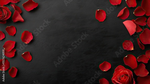 Fototapeta Naklejka Na Ścianę i Meble -  Red rose petals gracefully float through the air, reflecting light and creating a magical ambiance perfect for romantic celebrations