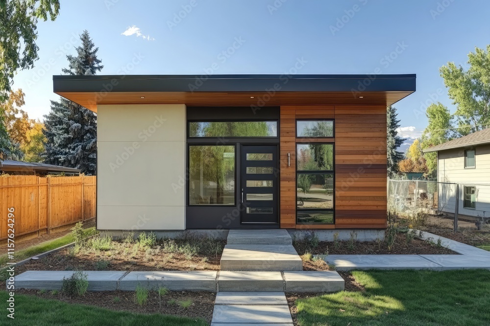 Obraz premium Modern minimalist house exterior, featuring wood and stucco siding, large windows, and a flat roof.