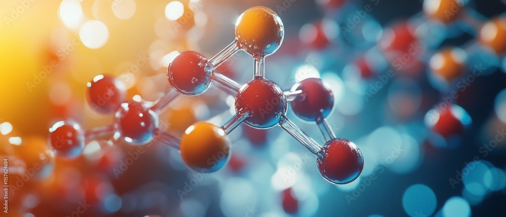 Molecular structure with red and orange atoms. Molecular structure with red and orange atoms.