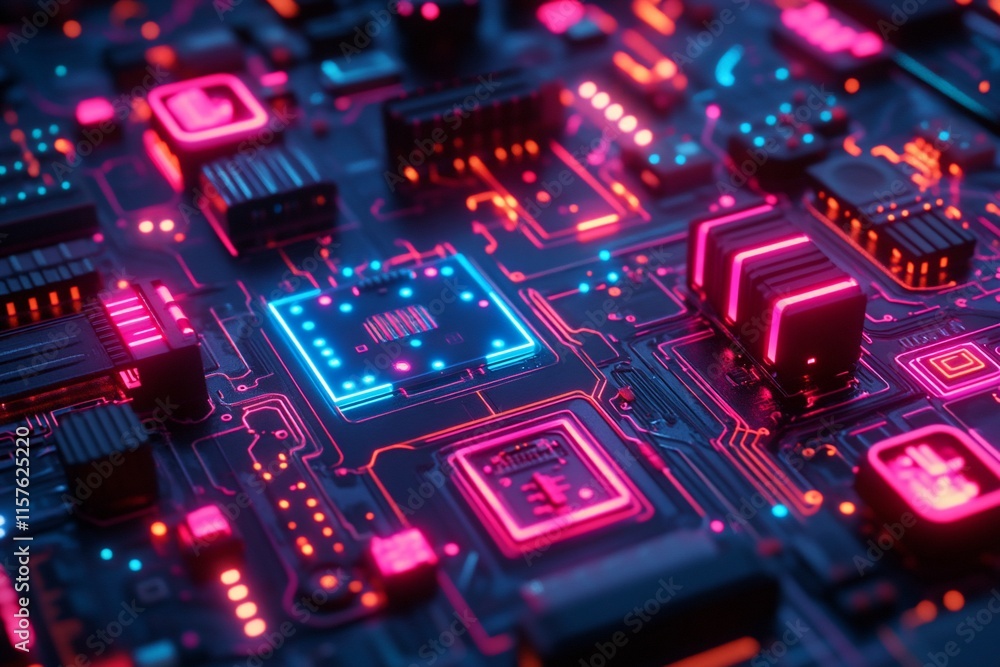 Neon-lit circuit board with glowing components. Neon-lit circuit board with glowing components.