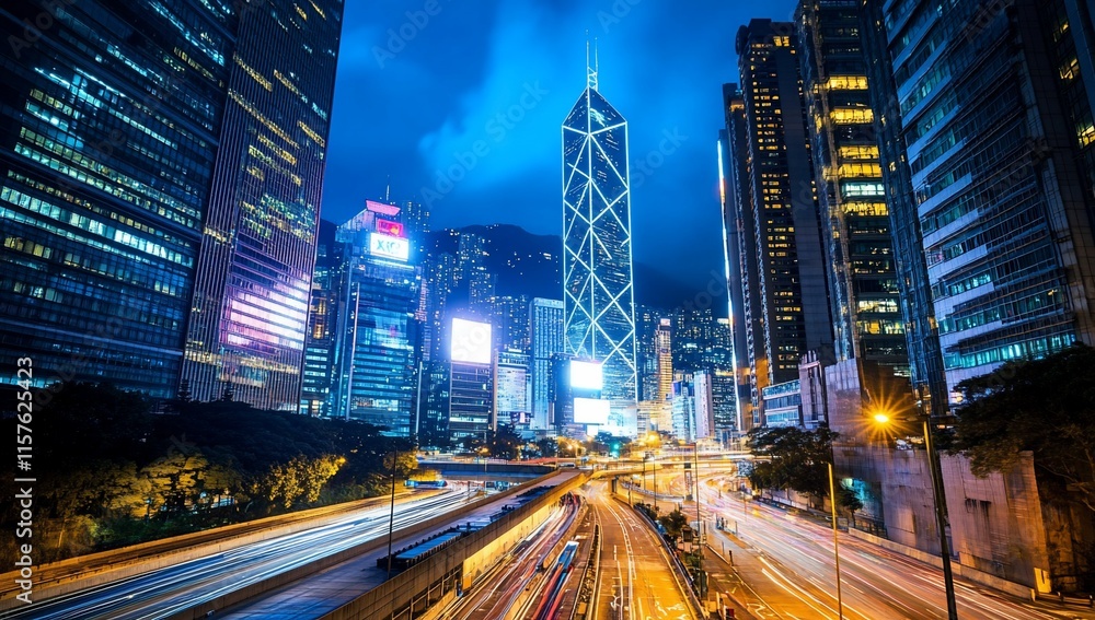 Night cityscape, Hong Kong, skyscrapers, traffic, lights. Night cityscape, Hong Kong, skyscrapers, traffic, lights.
