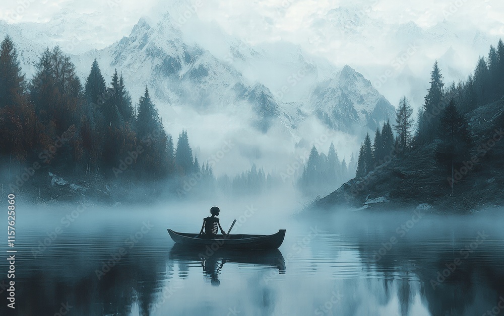 Skeleton rowing a boat across a calm lake surrounded by misty mountains and forest reflections Skeleton rowing a boat across a calm lake surrounded by misty mountains and forest reflections