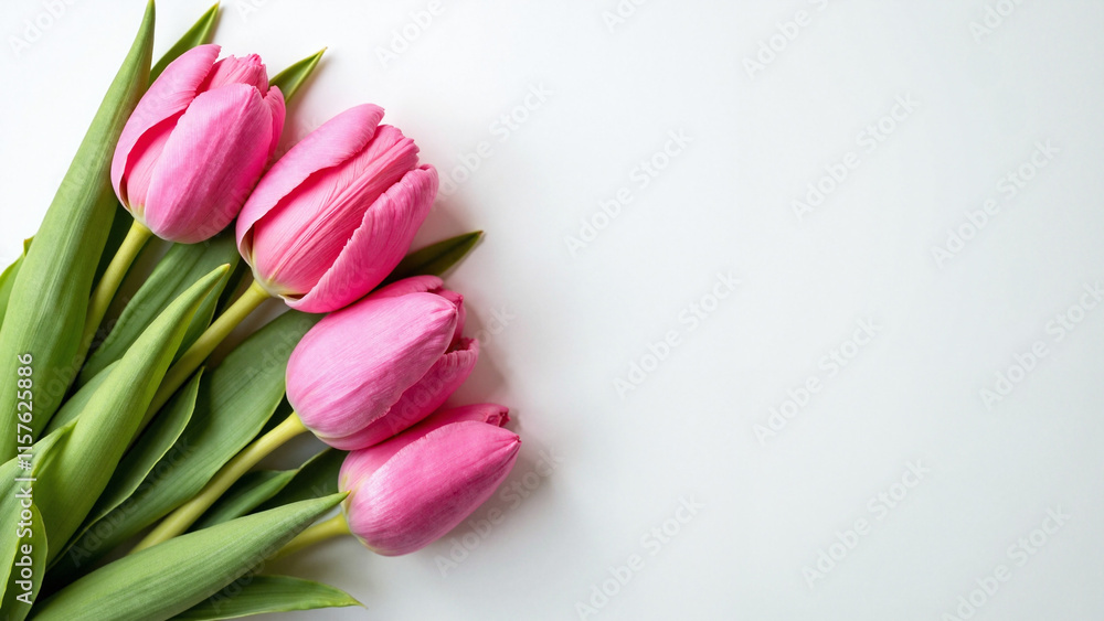Vibrant Pink Tulips on White: Elegant Floral Flat Lay for Valentine's, Mother's Day, and Spring Promotions Vibrant Pink Tulips on White: Elegant Floral Flat Lay for Valentine's, Mother's Day, and Spring Promotions