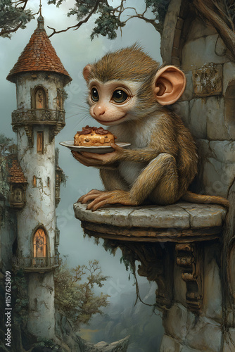 Adorable monkey with dessert by fantasy tower scene photo