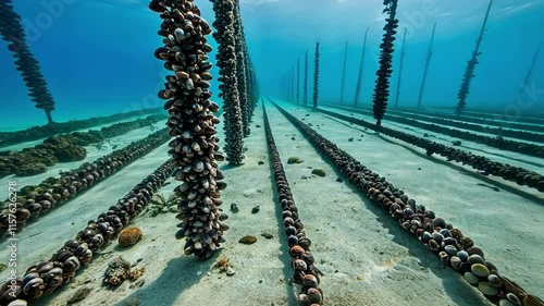 Mussels dangling from suspended ropes, representing sustainable marine aquaculture, growing clustered shells in underwater farming environment with marine ecosystem backdrop
