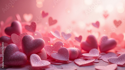 Romantic Valentine's Day Abstract Design: Pink Gradient with Satin Hearts for Greeting Cards and Love-Themed Marketing photo