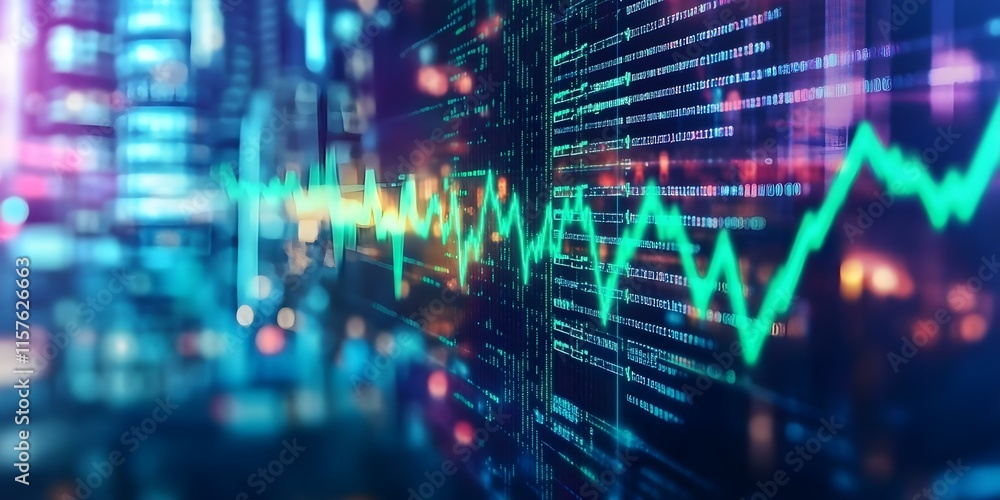 A digital representation of fluctuating data, possibly a stock market chart or medical heartbeat monitor, overlaid on a cityscape. Concept Digital Data Visualization, Stock Market Trends A digital representation of fluctuating data, possibly a stock market chart or medical heartbeat monitor, overlaid on a cityscape. Concept Digital Data Visualization, Stock Market Trends
