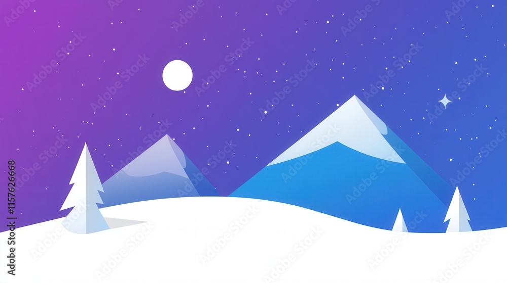 Fototapeta premium Calm Winter Landscape with Mountains, Snow, and Starry Night Sky