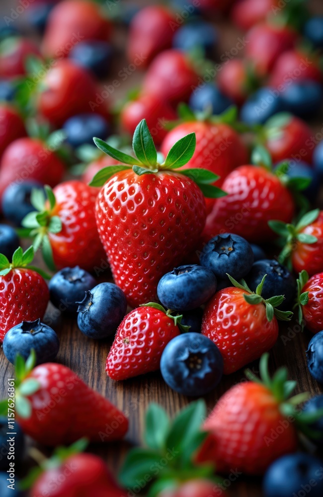 Fototapeta premium Fresh strawberries, blueberries arranged on wooden surface. Close up view of vibrant red strawberries, deep blue blueberries. Healthy summer fruits. Perfect for food blog healthy eating magazine.