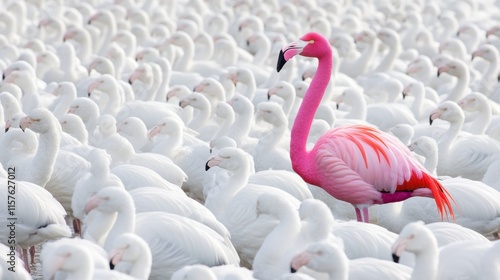Fototapeta Naklejka Na Ścianę i Meble -  Pink Flamingo Standing Out Among Numerous White Birds in a Grayish Background