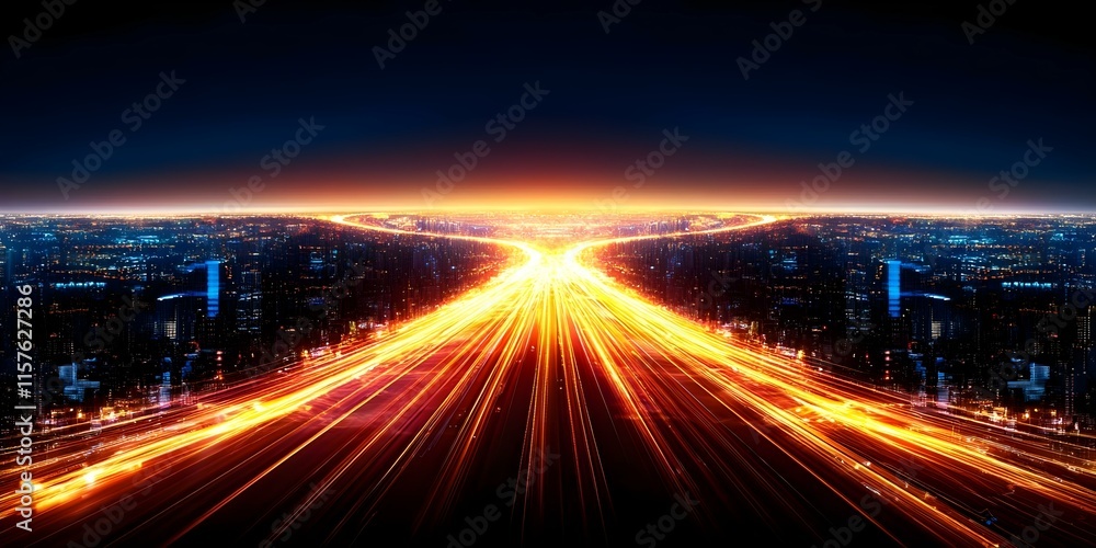 Obraz premium A city skyline at night with bright light trails from moving vehicles, creating a vibrant and dynamic atmosphere. Concept City Skyline at Night, Light Trails from Vehicles, Vibrant Atmosphere