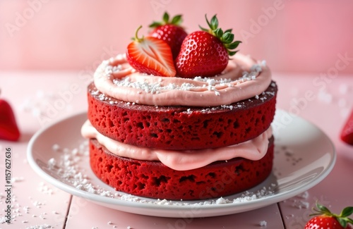 Delicious red velvet cake layered with pink cream frosting, topped with fresh strawberries. Sweet dessert ready to eat. Homemade treat with closeup view. Perfect sweet treat for occasion. Tasty cake photo