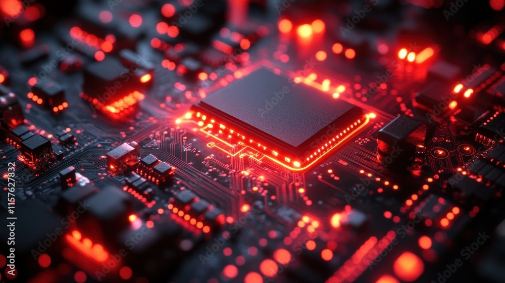 A close-up view of a circuit board illuminated by red lights, showcasing technology.