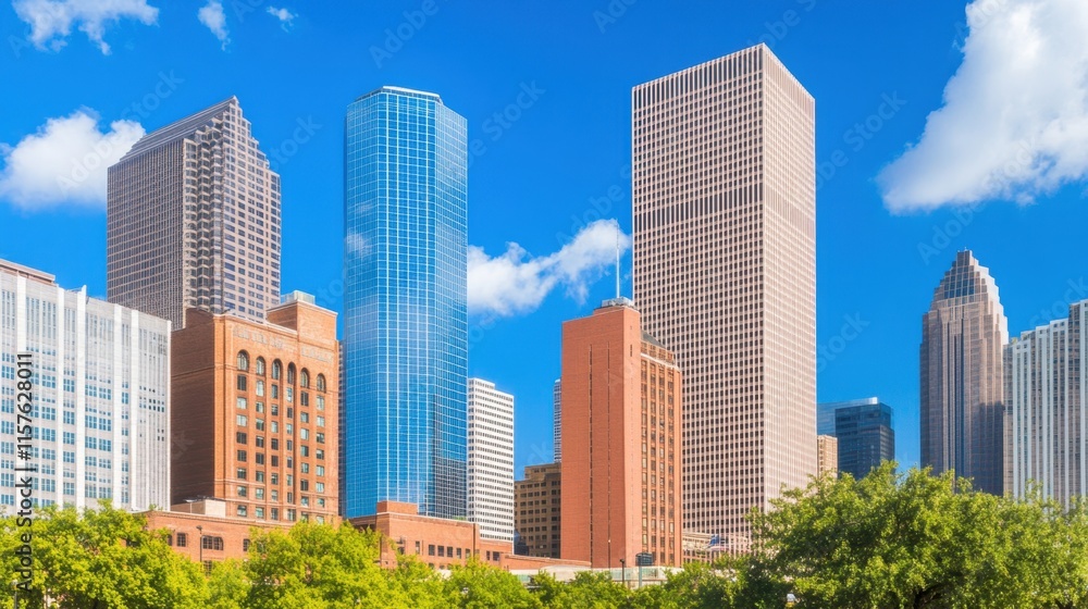 Modern Urban Skyline with Towering Buildings and Clear Blue Sky Modern Urban Skyline with Towering Buildings and Clear Blue Sky