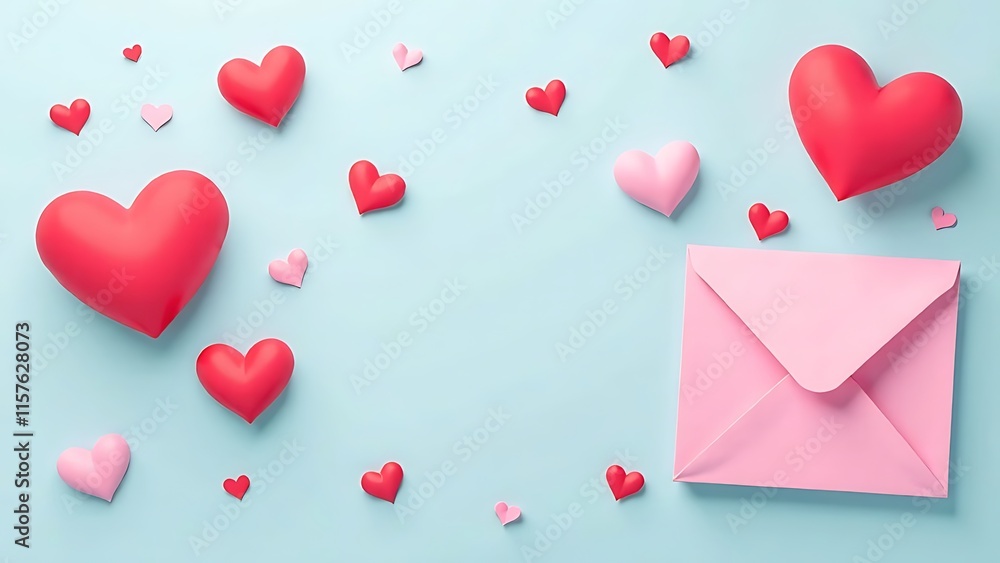 Happy Valentine's Day greeting card on a pastel pink background with red and pink hearts and with a pink envelope Happy Valentine's Day greeting card on a pastel pink background with red and pink hearts and with a pink envelope