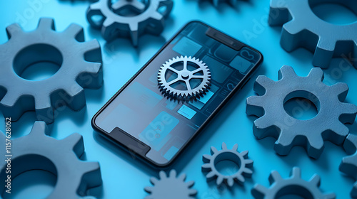 stock image illustration of a mobile phone with cogwheels on the screen next to gears on a blue background depicting technology connectivity and mobile development


