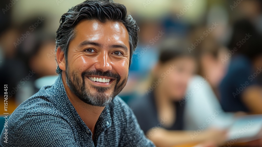 A smiling teacher sitting at the front of the class, teaching with open textbooks, students blurred in the background A smiling teacher sitting at the front of the class, teaching with open textbooks, students blurred in the background