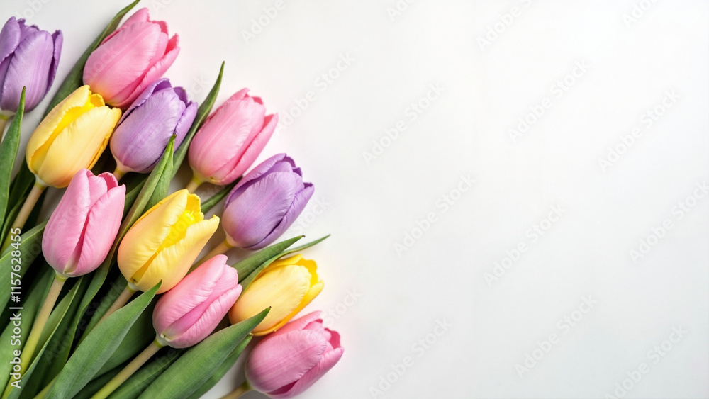 Pastel Tulips on White: Spring Floral Arrangement for Greeting Cards, Invitations, and Seasonal Promotions Pastel Tulips on White: Spring Floral Arrangement for Greeting Cards, Invitations, and Seasonal Promotions
