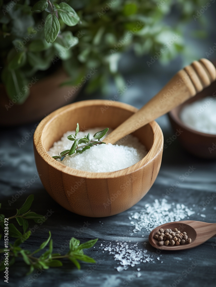 Bamboo bowl filled with salt and herbs on dark surface with wooden spoon and green leaves around Bamboo bowl filled with salt and herbs on dark surface with wooden spoon and green leaves around
