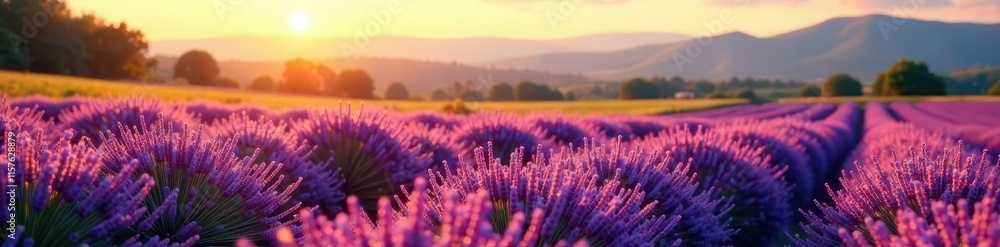 Fototapeta premium Lavender field in golden light with hills in the background, floral fields, serene atmosphere