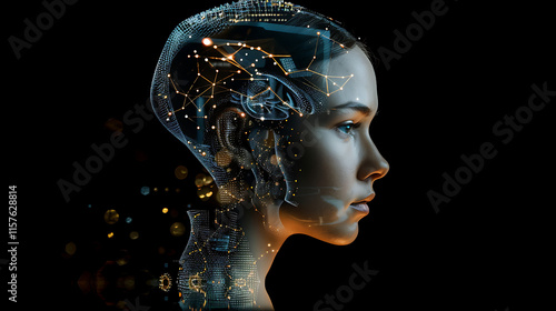 stock image of ai android with neural network brain and cyber mind face reflecting on black background depicting artificial intelligence and future technology


