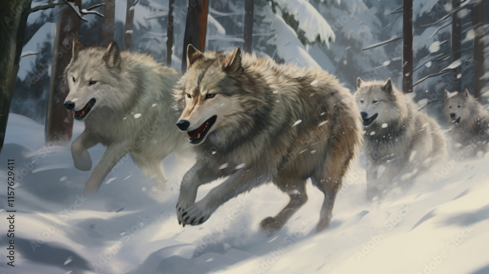 Fototapeta premium Wolves Running Through a Snowy Forest Landscape