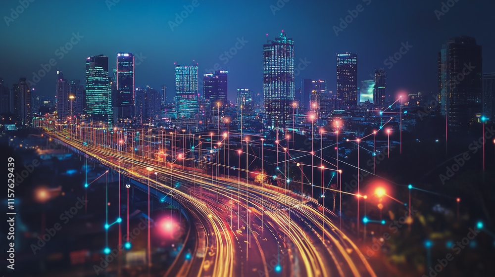 Fototapeta premium Smart digital Innovation city with connection network reciprocity over the cityscape. of future smart wireless digital city and social media networking systems that connects people with in city