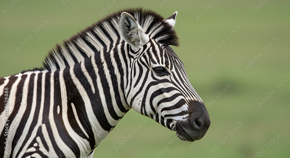 Side view of zebra head against unfocused green background Side view of zebra head against unfocused green background