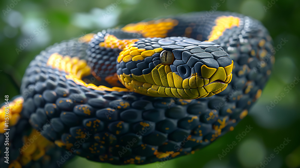Fototapeta premium stock image of snake head close up detailed black and yellow markings curved body on green blurred background reptile wildlife and animal photography close up