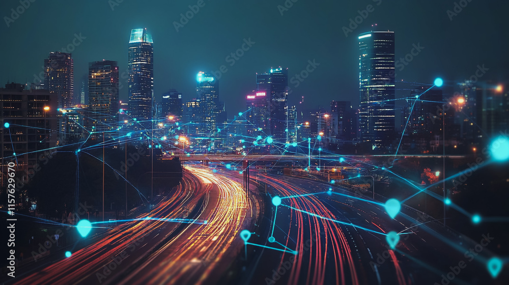 Fototapeta premium Smart digital Innovation city with connection network reciprocity over the cityscape. of future smart wireless digital city and social media networking systems that connects people with in city
