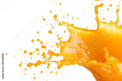 Dramatic Explosion of Bright Orange Juice Across a Minimalist White Background