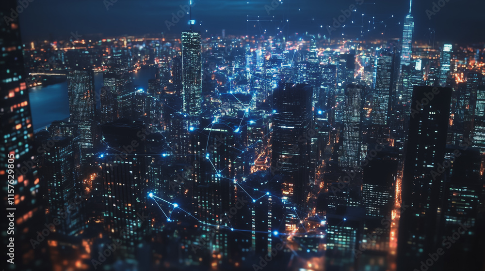 Smart digital Innovation city with connection network reciprocity over the cityscape. of future smart wireless digital city and social media networking systems that connects people with in city