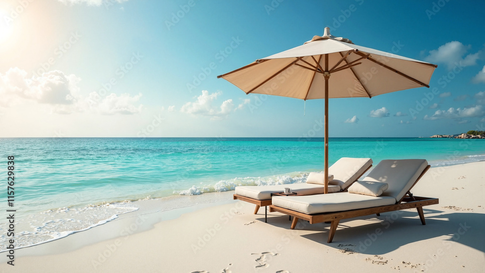 Luxurious Beach Lounge Chairs with Umbrella: Perfect for Travel Ads, Resort Marketing, and Vacation Rental Promotions Luxurious Beach Lounge Chairs with Umbrella: Perfect for Travel Ads, Resort Marketing, and Vacation Rental Promotions