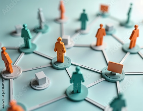 Network visualization of customer interactions using CRM system. Small figures represent clients. Connections illustrate customer journeys. Central display represents CRM platform. Visualizes photo