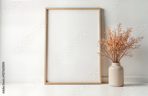 Empty wooden picture frame in white room. Dry flowers in vase beside frame. Modern home decor. Interior design template. Blank space for artwork photo. Clean, minimalist aesthetic. Perfect for